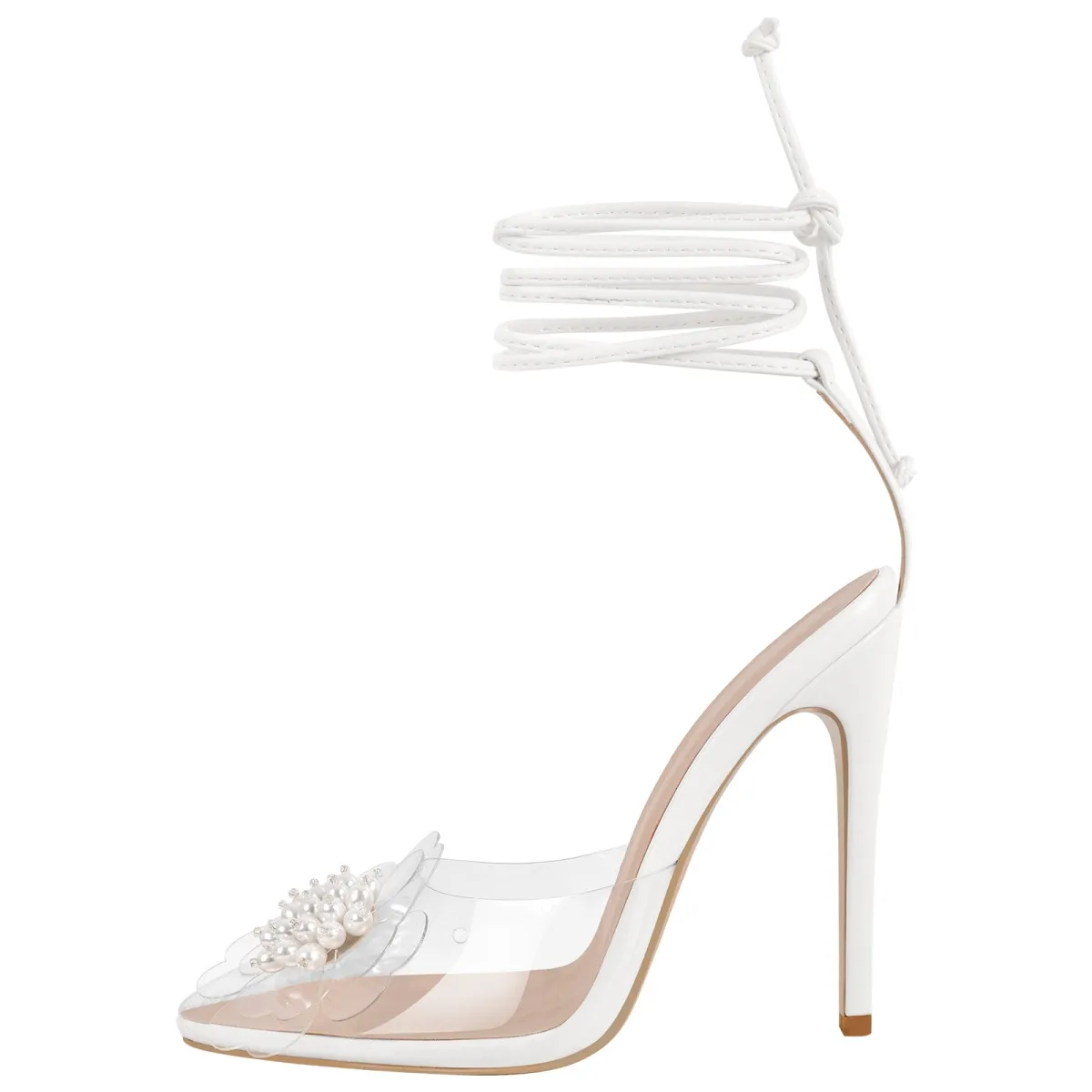 Clear Pointed Toe Pearl Flower Lace-up High Heels sold by Onlymaker