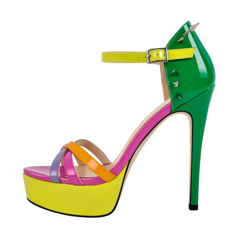 Multicolor Rivet Platform Ankle Strap Stiletto Sandals sold by Onlymaker
