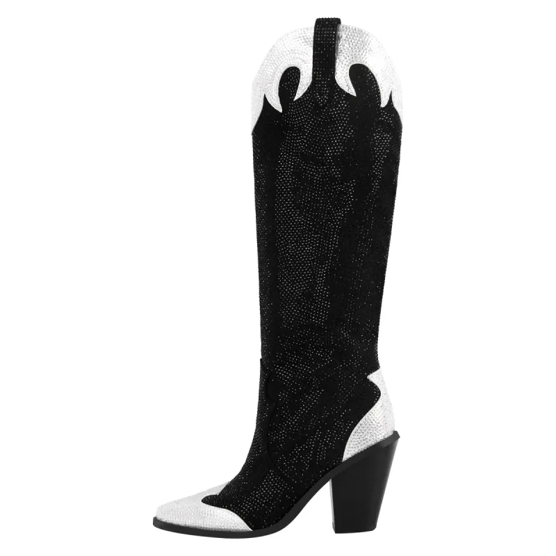 Rhinestone Chunky Heel Knee High Western Boots sold by Onlymaker