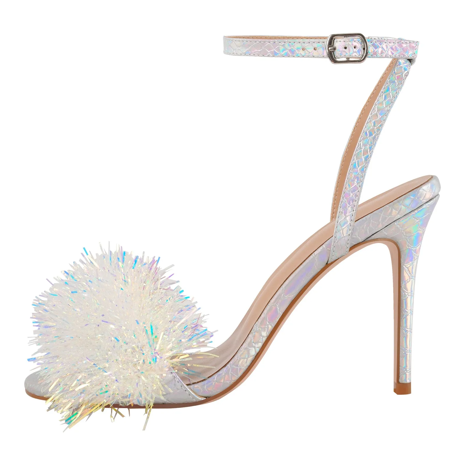 Holographic Tinsel Ankle Strap Stiletto Sandals sold by Onlymaker