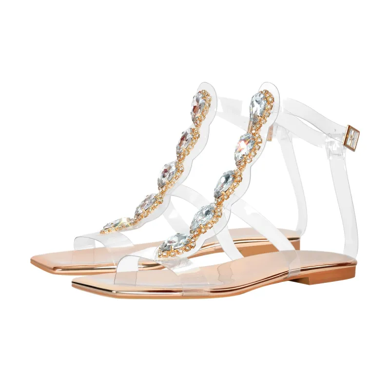 Rhinestone T-Strap Open Toe Flat Sandals sold by Onlymaker