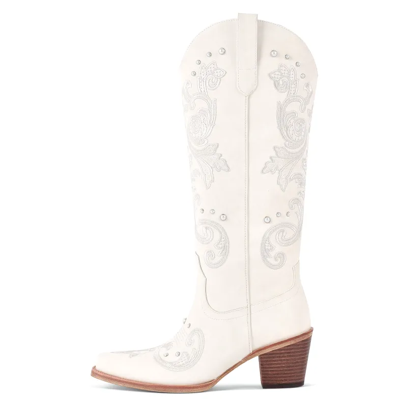 Embroidery Pearl Knee High Western Boots sold by Onlymaker