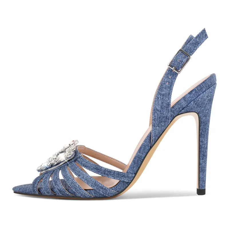 Denim Pointed Toe Diamante Heart Slingback Sandals sold by Onlymaker
