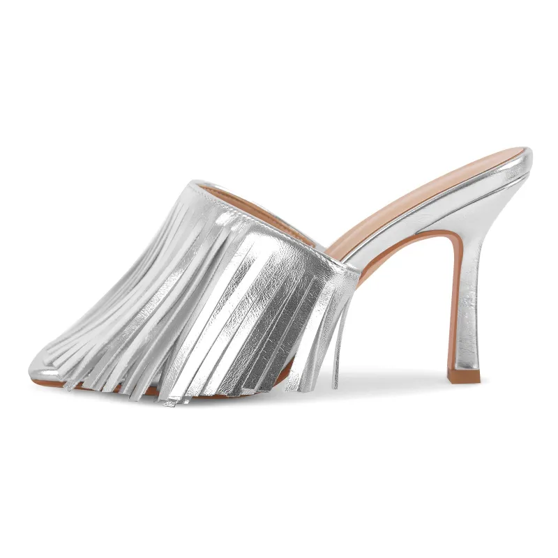 Square Toe Fringe Stiletto Mules sold by Onlymaker