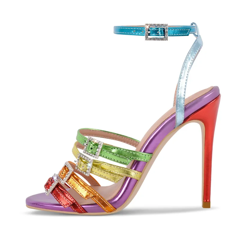 Rainbow Rhinestone Buckle Ankle Strap Sandals sold by Onlymaker