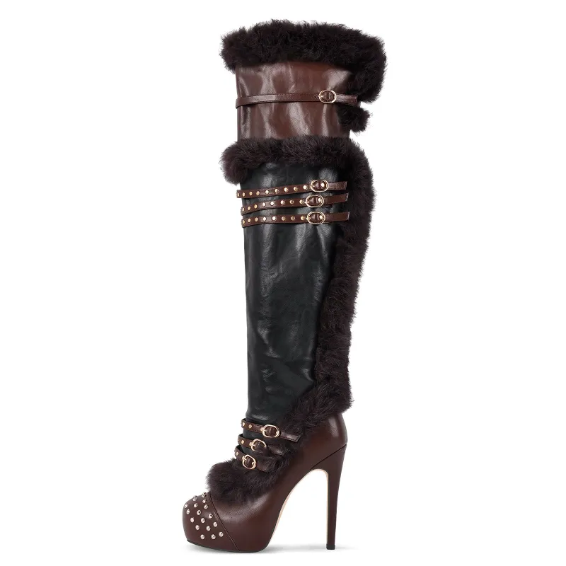Platform Fur Rivet Buckle Thigh High Boots sold by Onlymaker