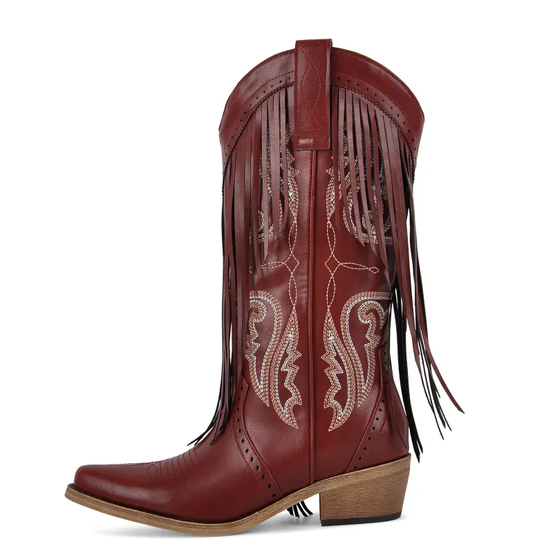Fringe Embroidery Mid-Calf Western Boots sold by Onlymaker