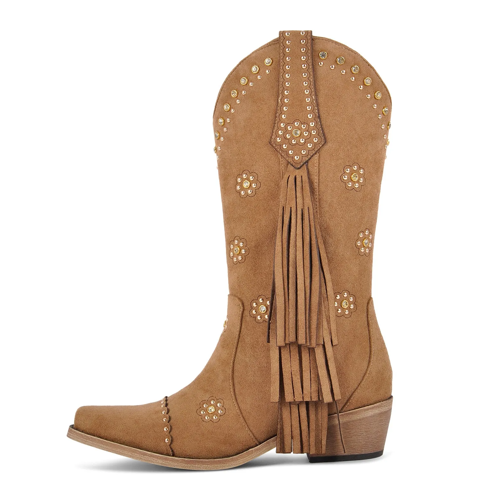 Suede Fringe & Stud Mid-Calf Western Boots sold by Onlymaker