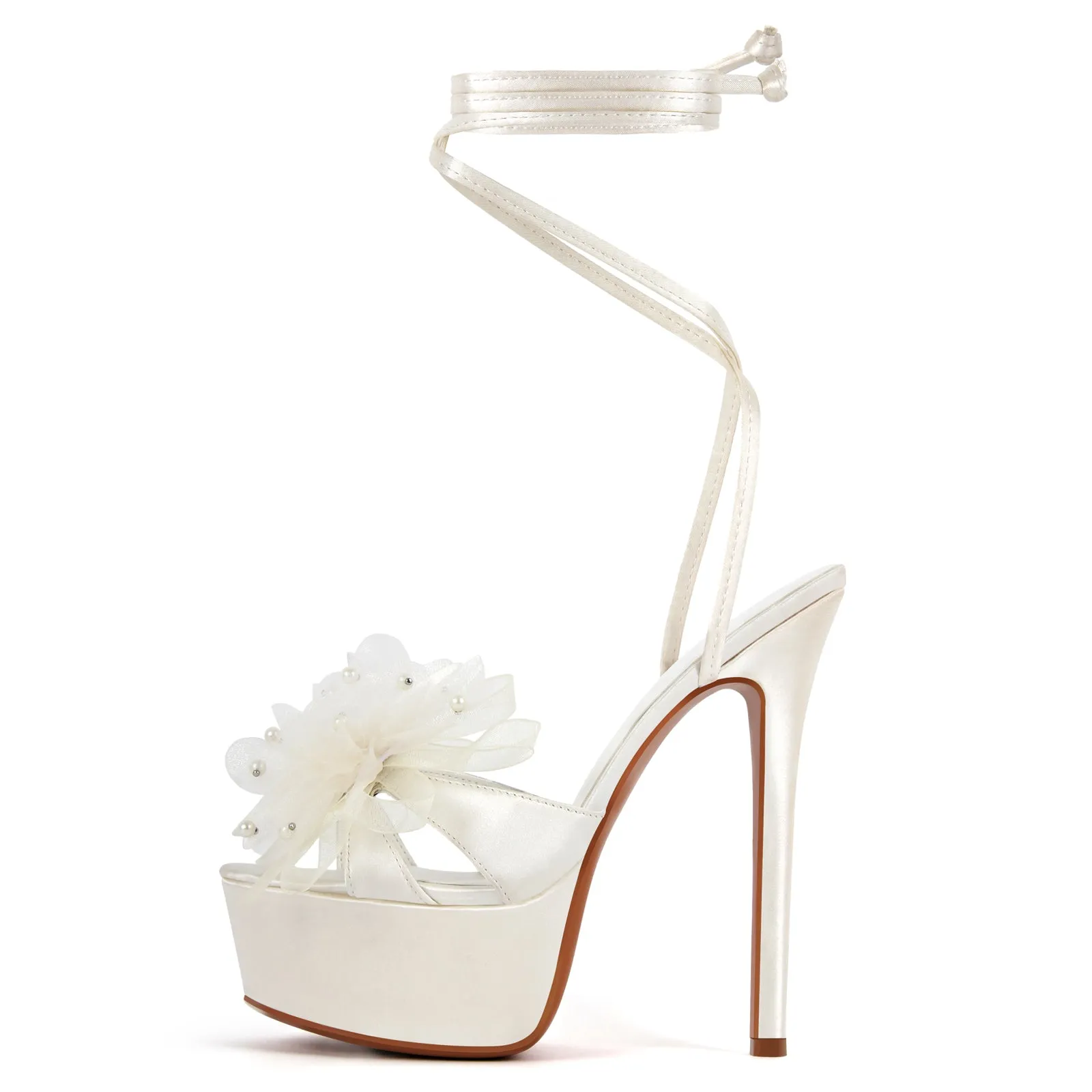 Platform Pearl Flower Lace-up Satin Sandals sold by Onlymaker