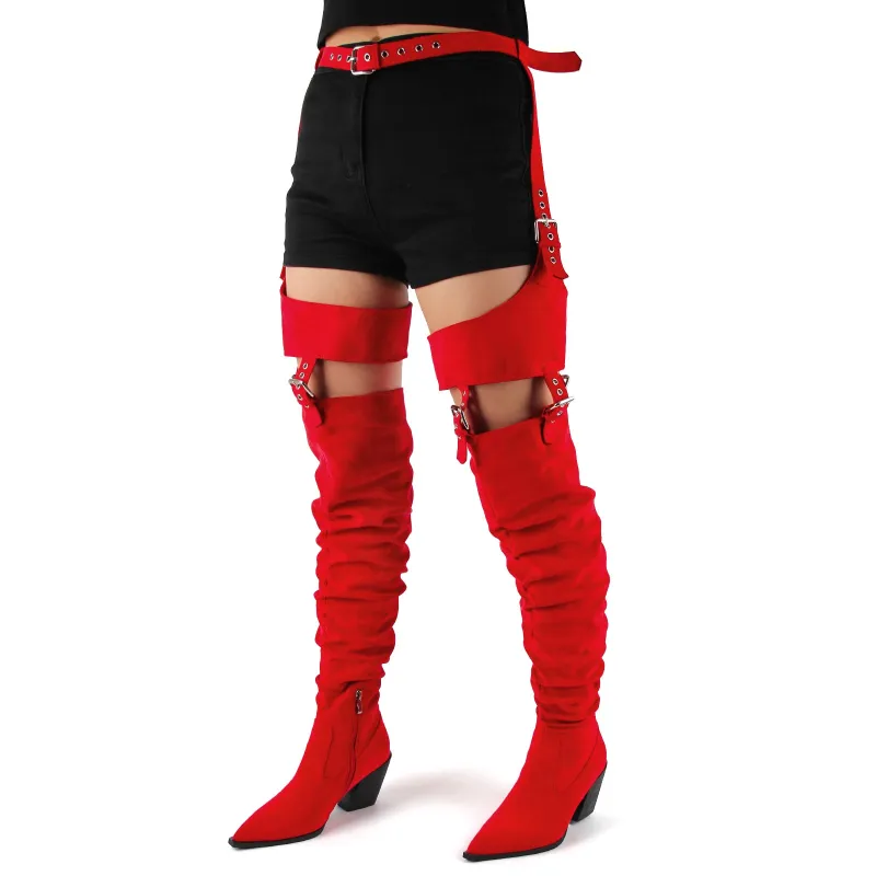 Suede Pleated Multi Buckle Chunky Heel Pant Boots sold by Onlymaker