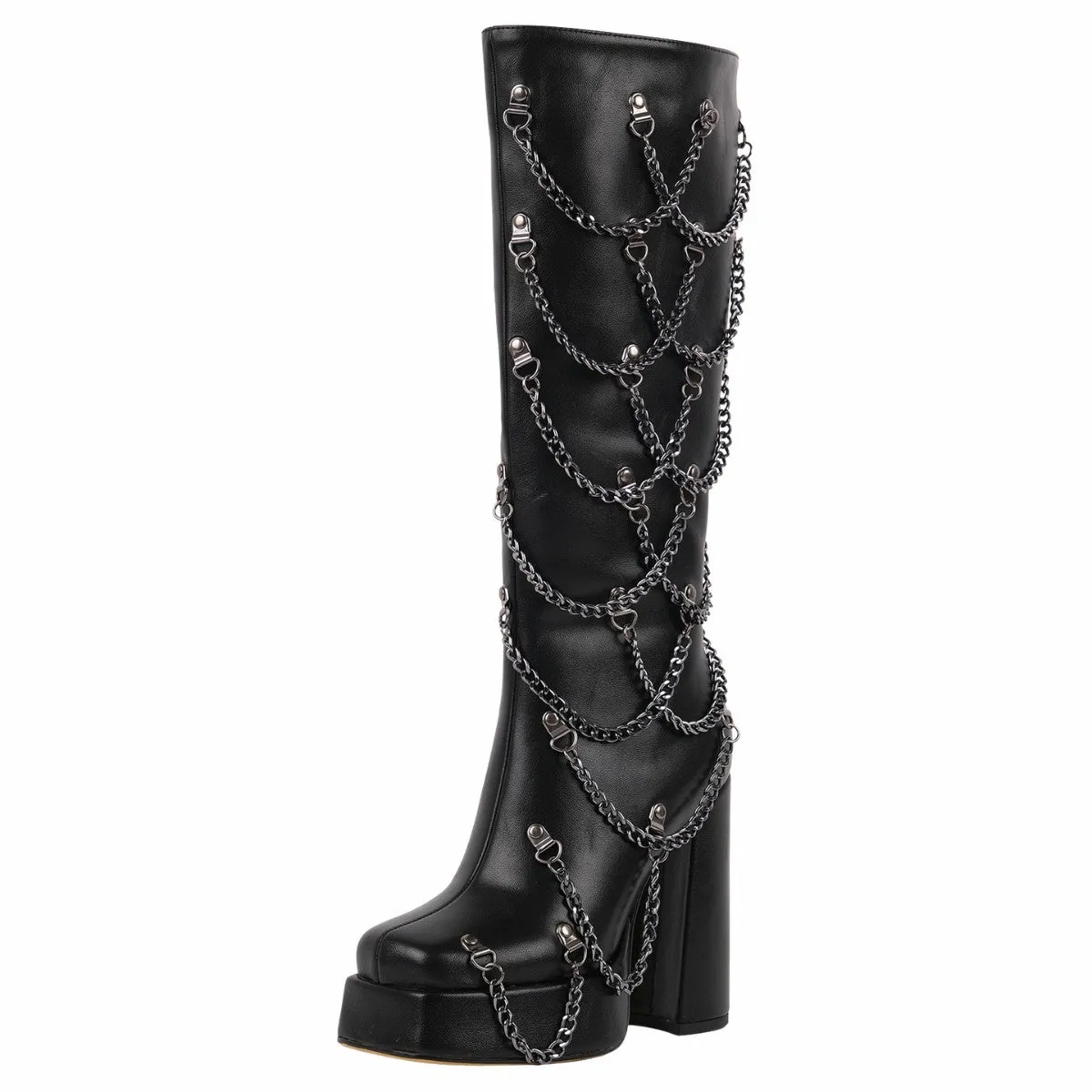 Square Toe Platform Metal Chain Knee High Boots sold by Onlymaker product image thumbnail 2