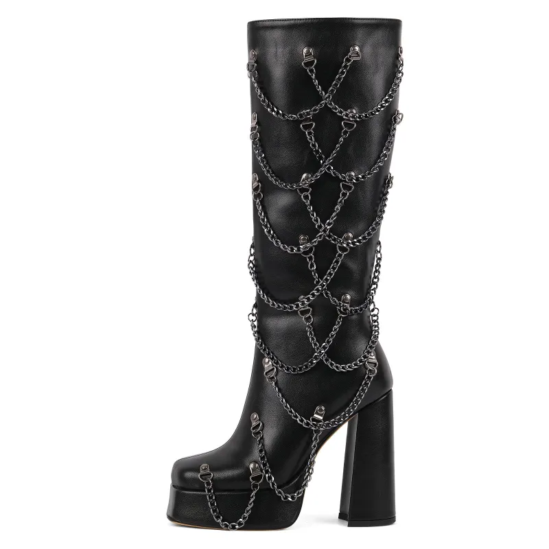 Square Toe Platform Metal Chain Knee High Boots sold by Onlymaker