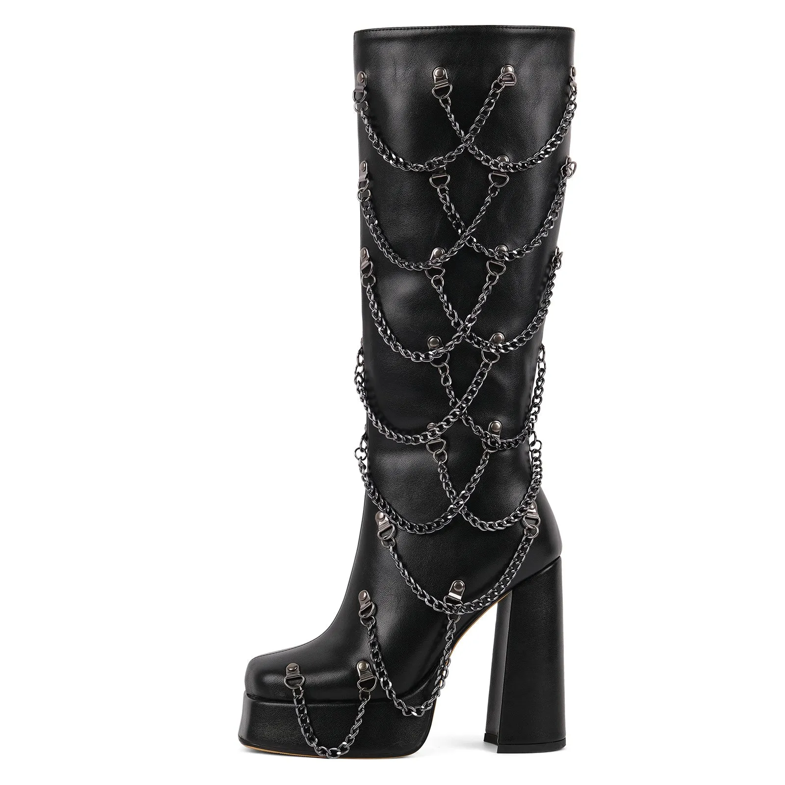 Square Toe Platform Metal Chain Knee High Boots sold by Onlymaker
