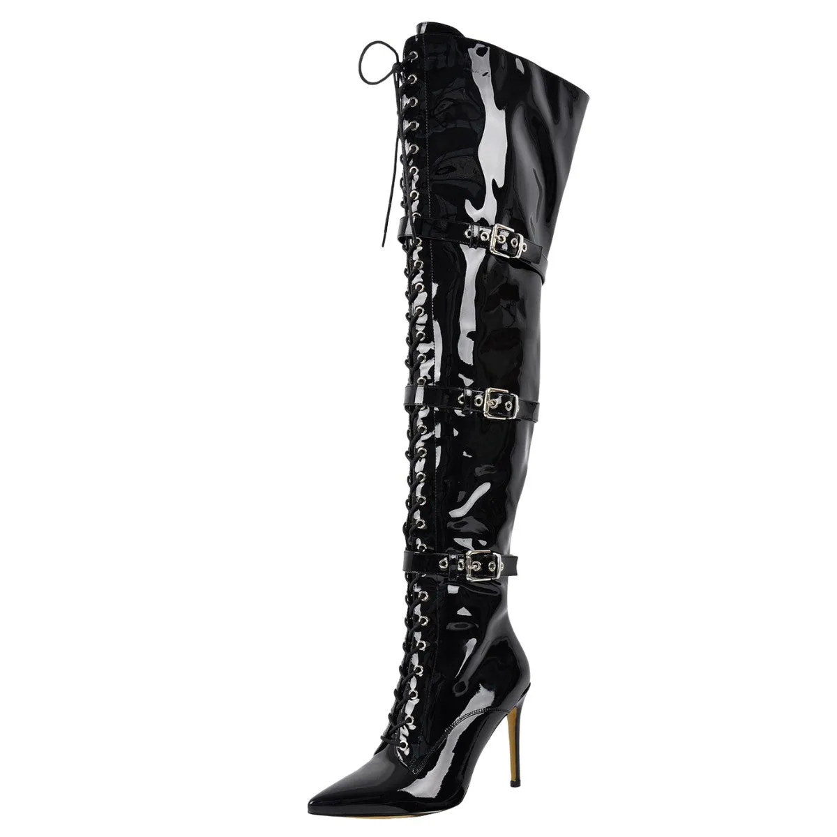 Pointed Toe Buckle Strap Lace-up Thigh High Boots sold by Onlymaker product image thumbnail 2