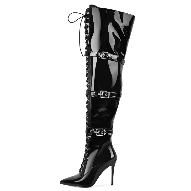 Pointed Toe Buckle Strap Lace-up Thigh High Boots sold by Onlymaker