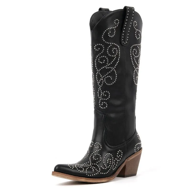 Pointed Toe Rivet Knee High Western Boots sold by Onlymaker product image thumbnail 2