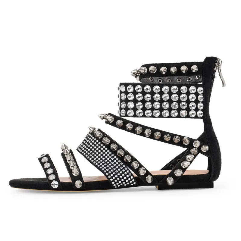 Rivet Rhinestone Suede Back Zipper Flats sold by Onlymaker