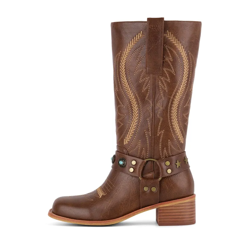 Square Toe Embroidery Stud Strap Mid-Calf Boots sold by Onlymaker