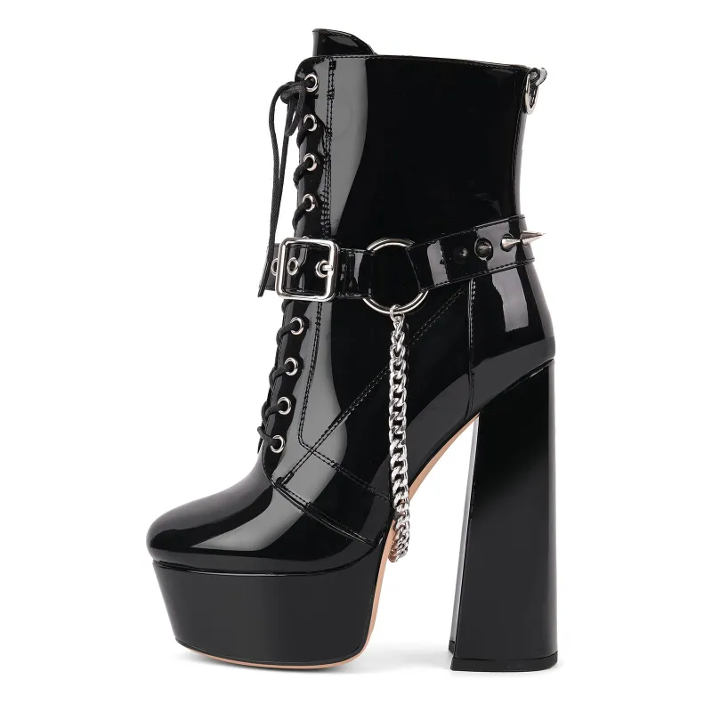 Platform Rivet Buckle Metal Chain Lace-up Ankle Boots sold by Onlymaker