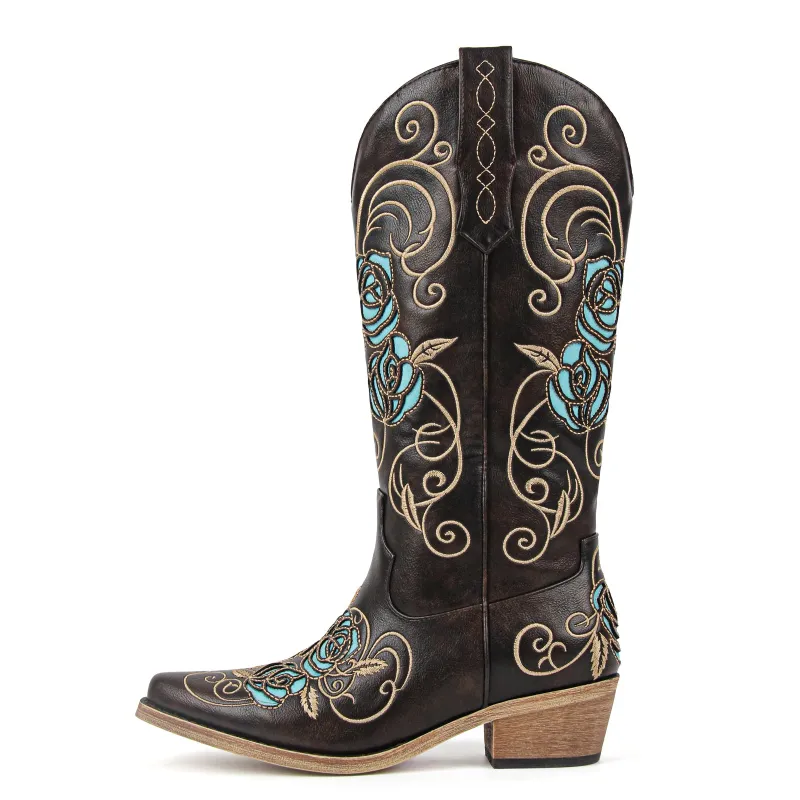 Floral Embroidery Mid-Calf Western Boots made by Onlymaker