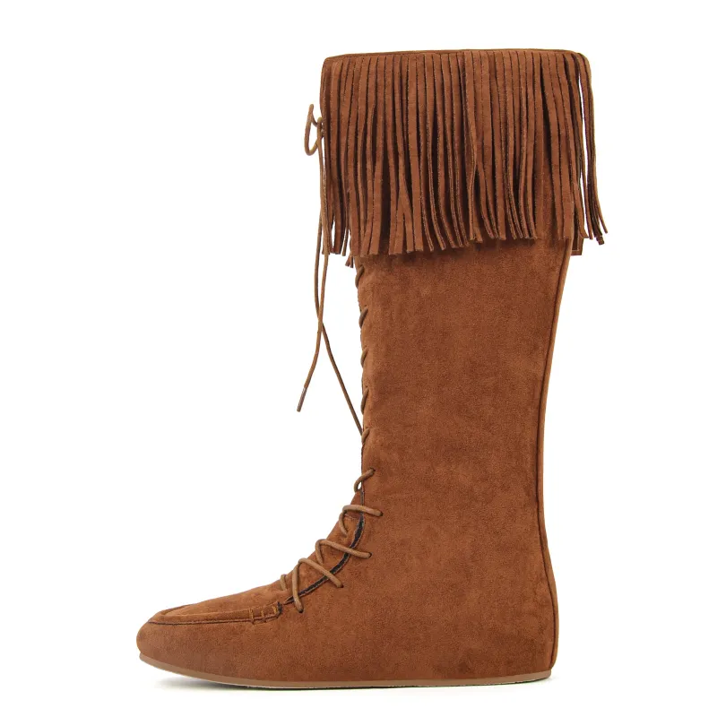Fringe Lace-up Suede Flat Knee High Boots sold by Onlymaker