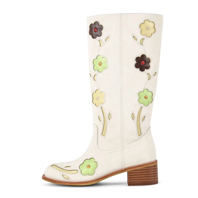 Square Toe Flower Embroidery Mid-Calf Boots sold by Onlymaker