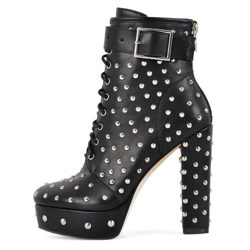 Rivet Platform Buckle Lace-up Ankle Boots sold by Onlymaker