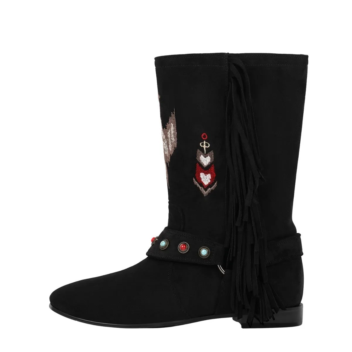 Embroidery Fringe Suede Ankle Western Flat Boots sold by Onlymaker