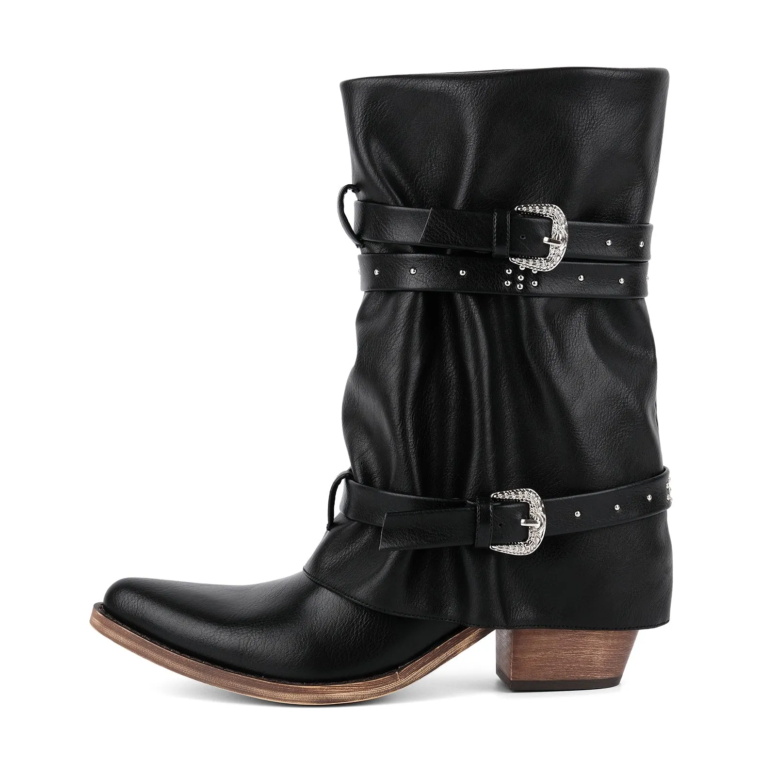 Rivet Buckle Strap Fold Over Western Ankle Boots sold by Onlymaker