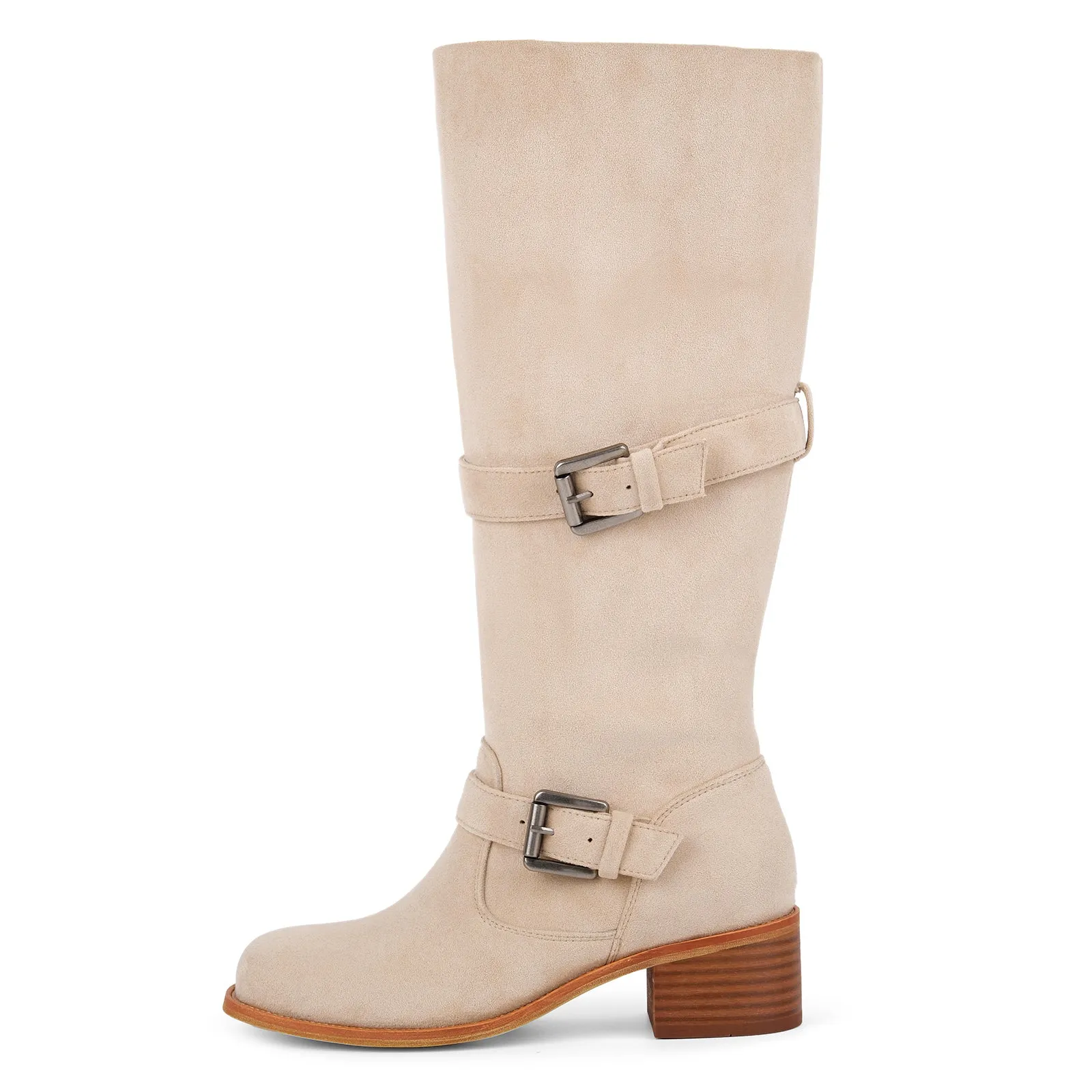 Suede Round Toe Buckle Strap Knee High Boots sold by Onlymaker