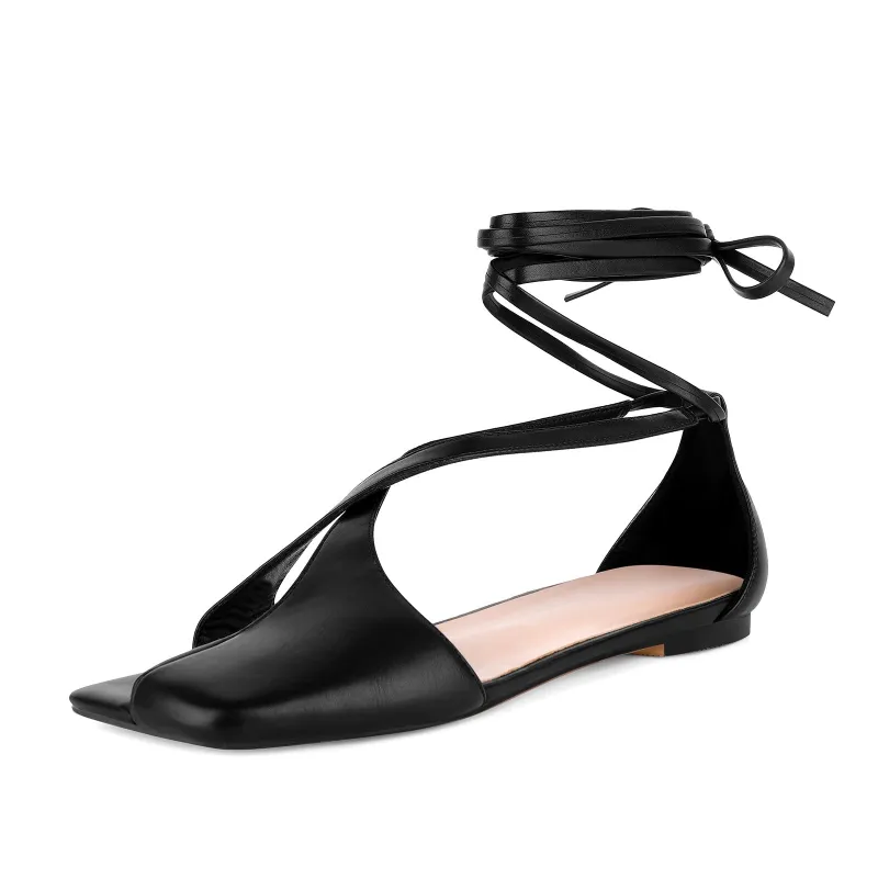 Square Toe Semi Open Toe Lace-up Flats sold by Onlymaker