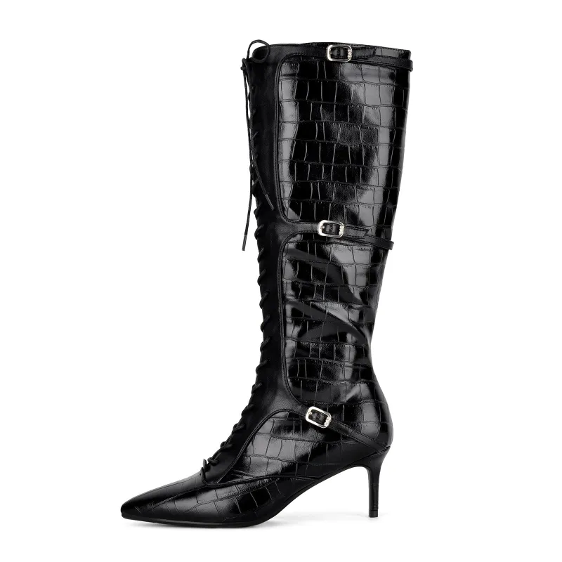 Pointed Toe Stone Buckle Lace-up Knee High Boots sold by Onlymaker