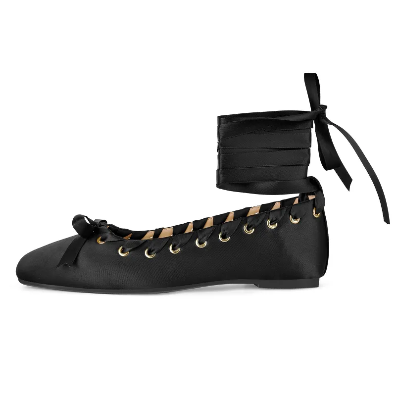 Satin Square Toe Lace-up Ballet Flats sold by Onlymaker