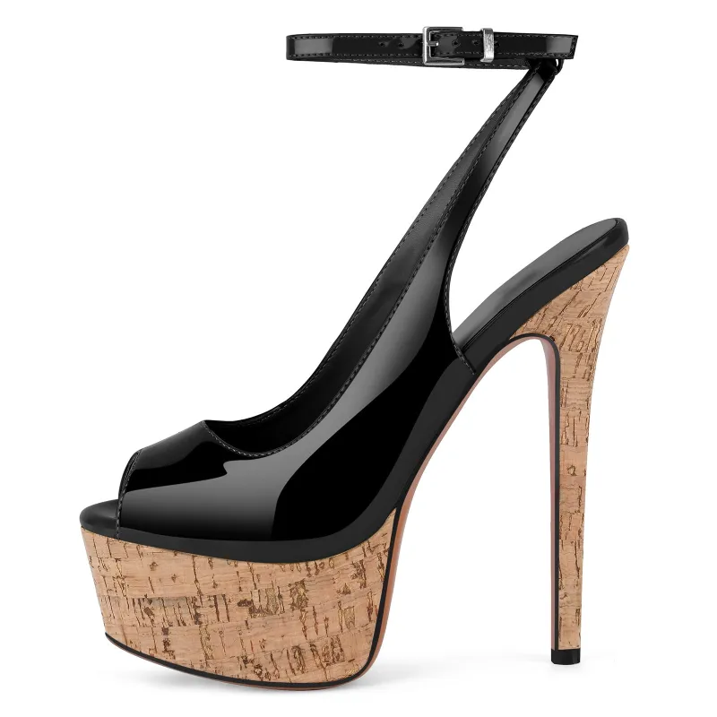 Peep Toe Wood Grain Platform Ankle Strap Slingback Heels sold by Onlymaker