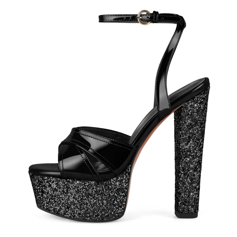 Glitter Platform Ankle Strap Chunky Heel Sandals made by Onlymaker