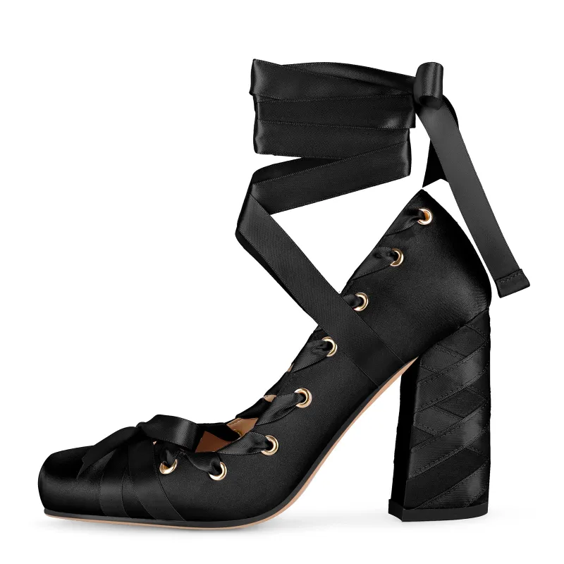 Square Toe Satin Bow Ballet Lace-up Pumps sold by Onlymaker