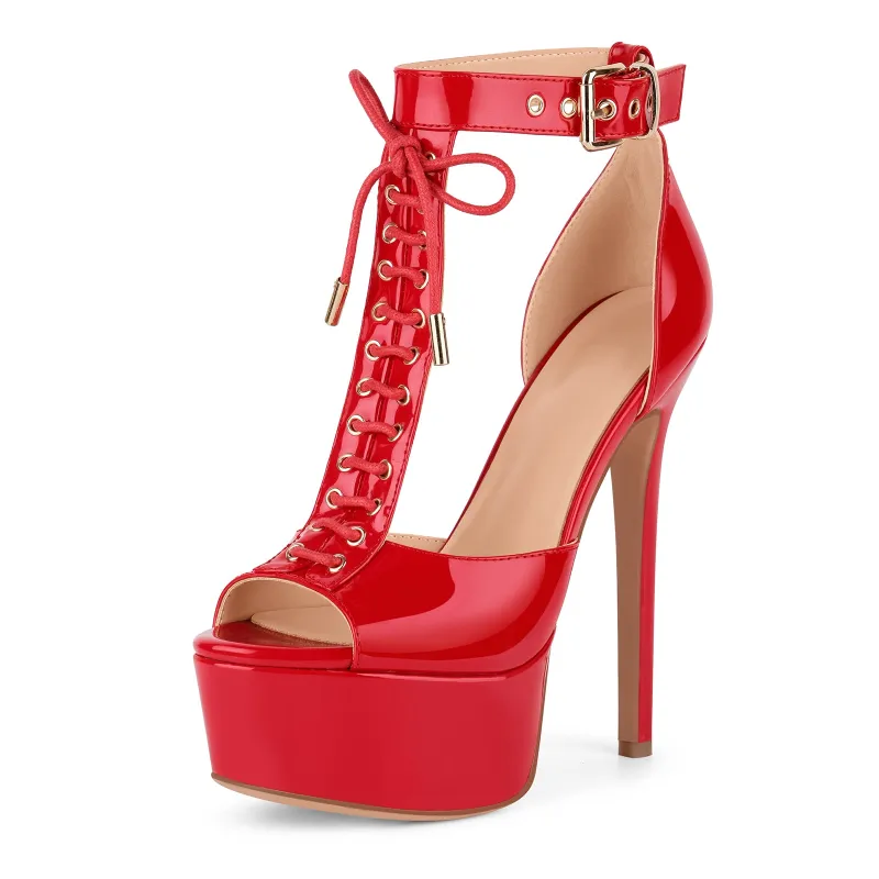 Platform Buckle T-Strap Lace-up Sandals made by Onlymaker