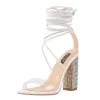 Rhinestone Chunky High Heel White Lace up Sandals sold by Onlymaker