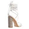 Rhinestone Chunky High Heel White Lace up Sandals sold by Onlymaker