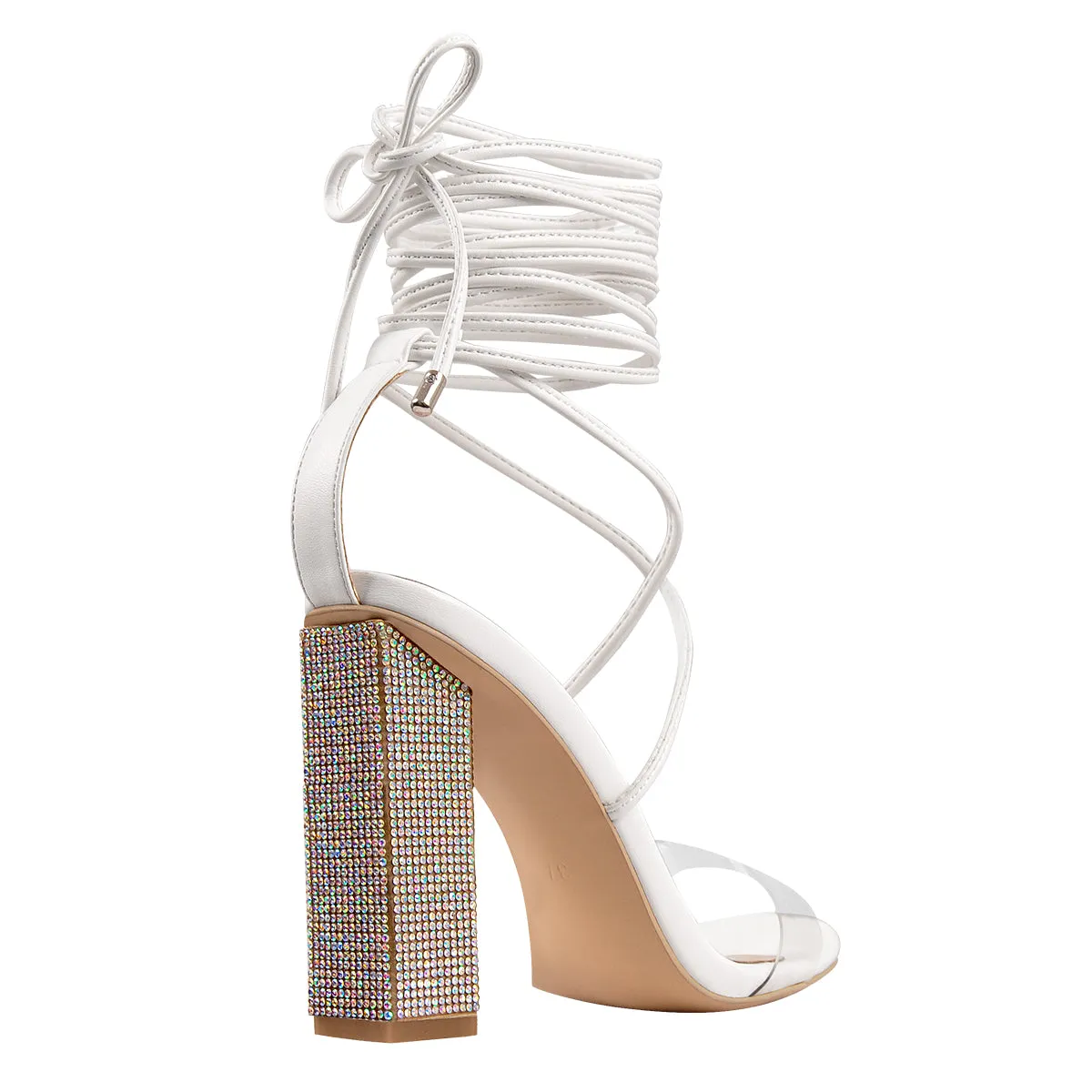 Rhinestone Chunky High Heel White Lace up Sandals sold by Onlymaker product image thumbnail 4