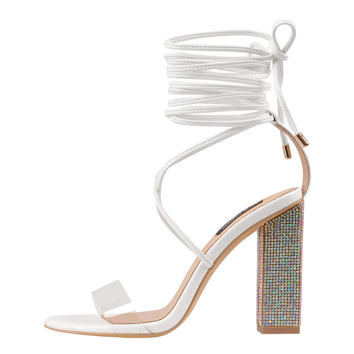 Rhinestone Chunky High Heel White Lace up Sandals sold by Onlymaker