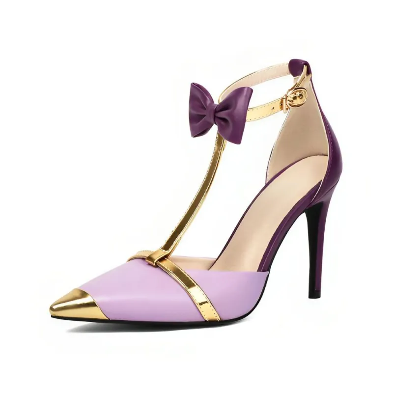 Pointed Toe Bow Ankle T-Strap High Heels made by Onlymaker
