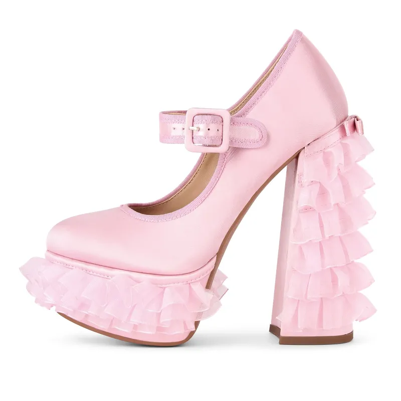 Satin Platform Lace Mesh Mary Jane Pumps made by Onlymaker