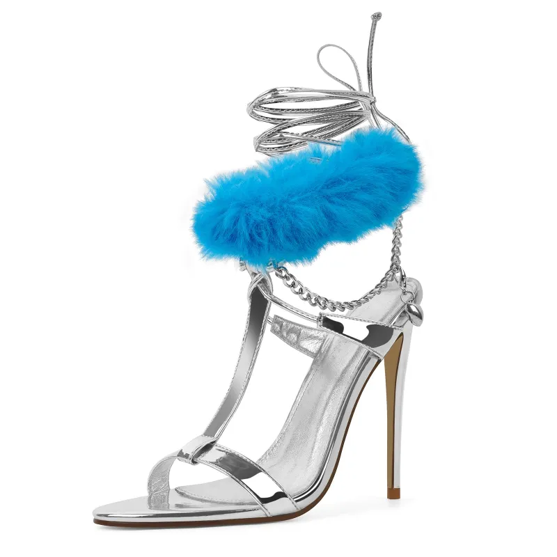 Round Toe Fur Metal Chain Lace-up Sandals made by Onlymaker