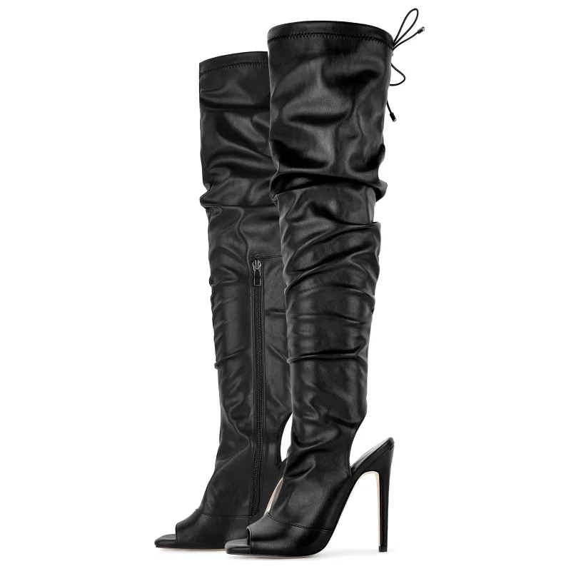 Open Square Toe Lace-up Thigh High Boots made by Onlymaker