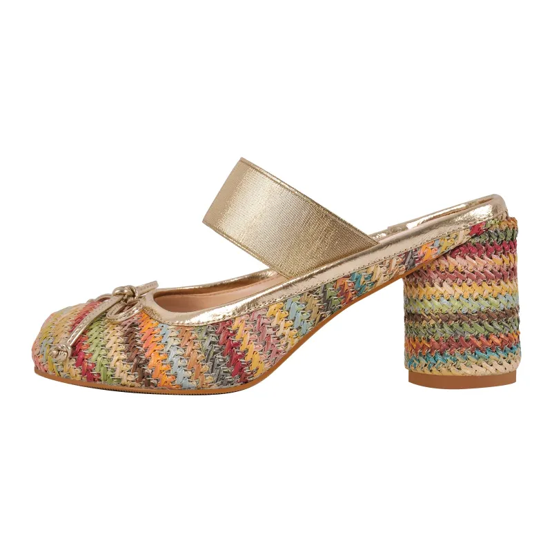 Bow Multicolor Straw Round Heel Mules made by Onlymaker