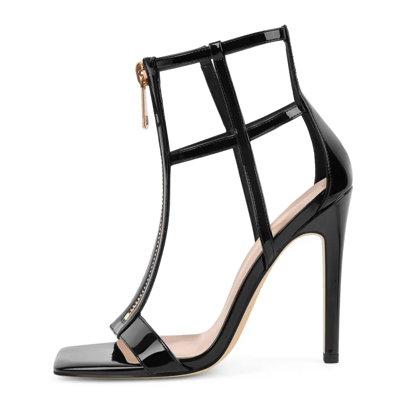 Square Toe T-Strap Zipper Patent Sandals made by Onlymaker