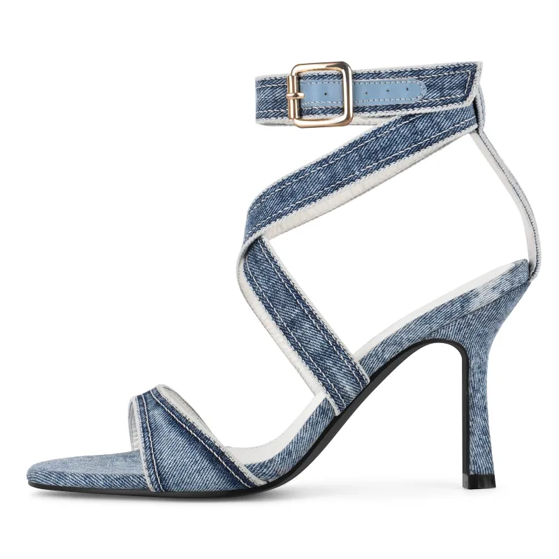 Round Toe Denim Cross Ankle Strap Sandals made by Onlymaker