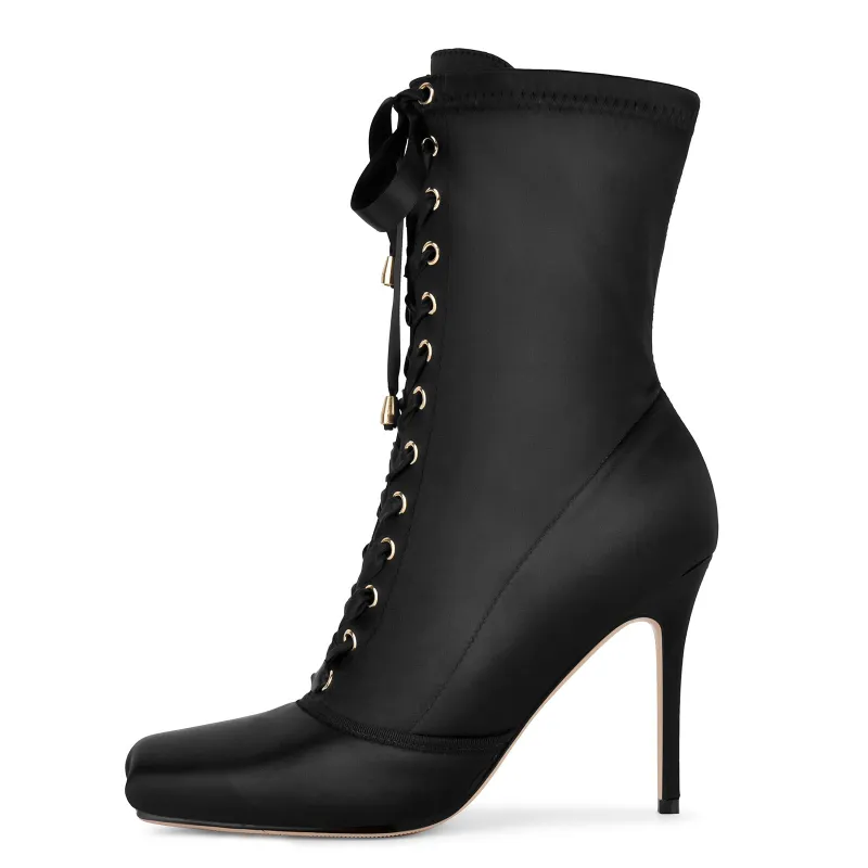Square Toe Satin Lace-up Stiletto Ankle Boots made by Onlymaker