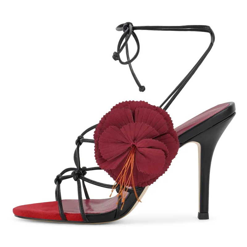 Red Flower Applique Ankle Strap Sandals made by Onlymaker